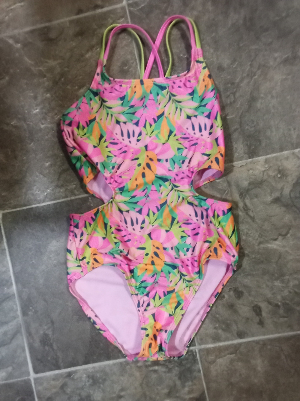 art class Pink Tropical Cutout One-Piece Swimsuit with Green and Orange Accents